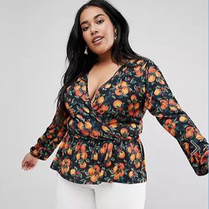 ASOS DESIGN Curve wrap front peplum top in fruit print WOMEN PLUS SIZE 14
